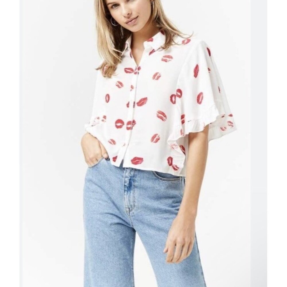 Forever 21 Lip Print Ruffle-Trim Shirt Small